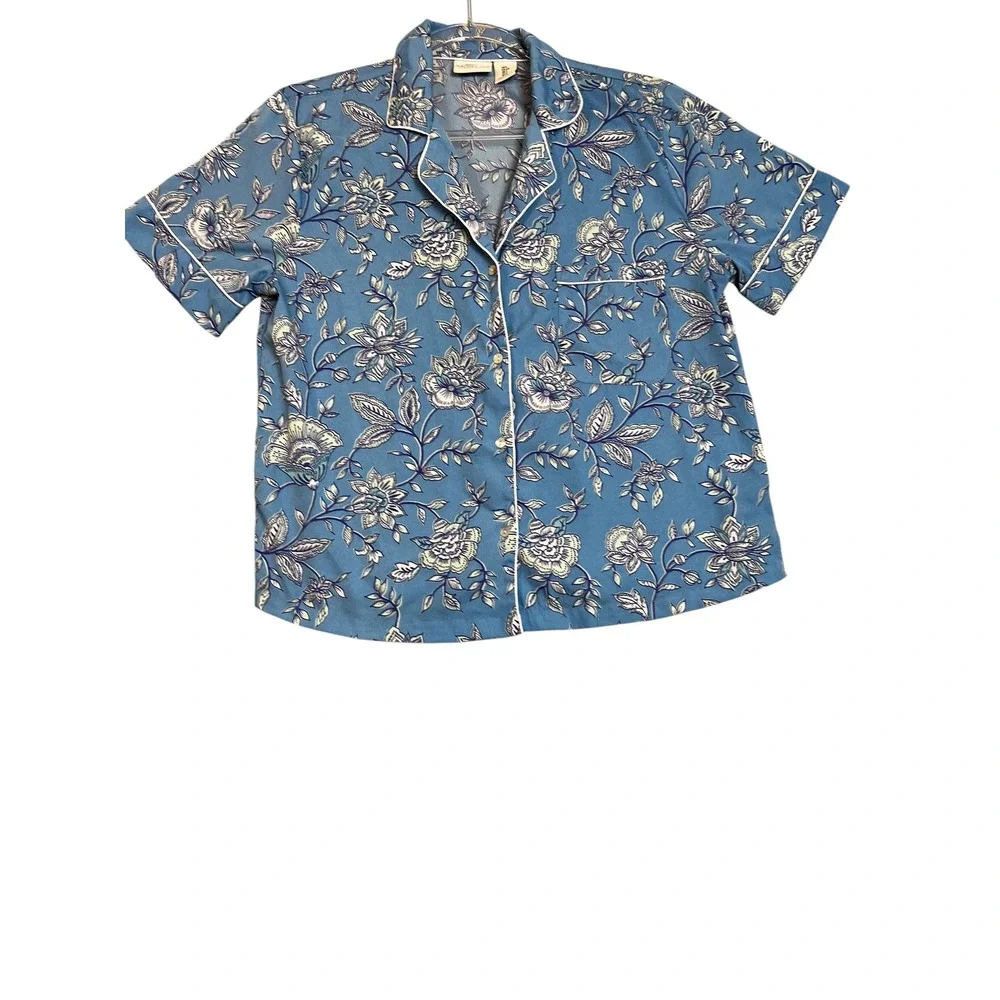 Rachel Zoe Blue Floral Button Front Pajama Top Short Sleeve XL